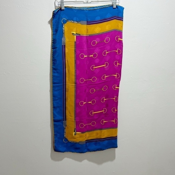 Vintage MANTERO Multicolor Silk Scarf Equestrian Horse Bits Hand Hemmed 34”X34” - Picture 6 of 7